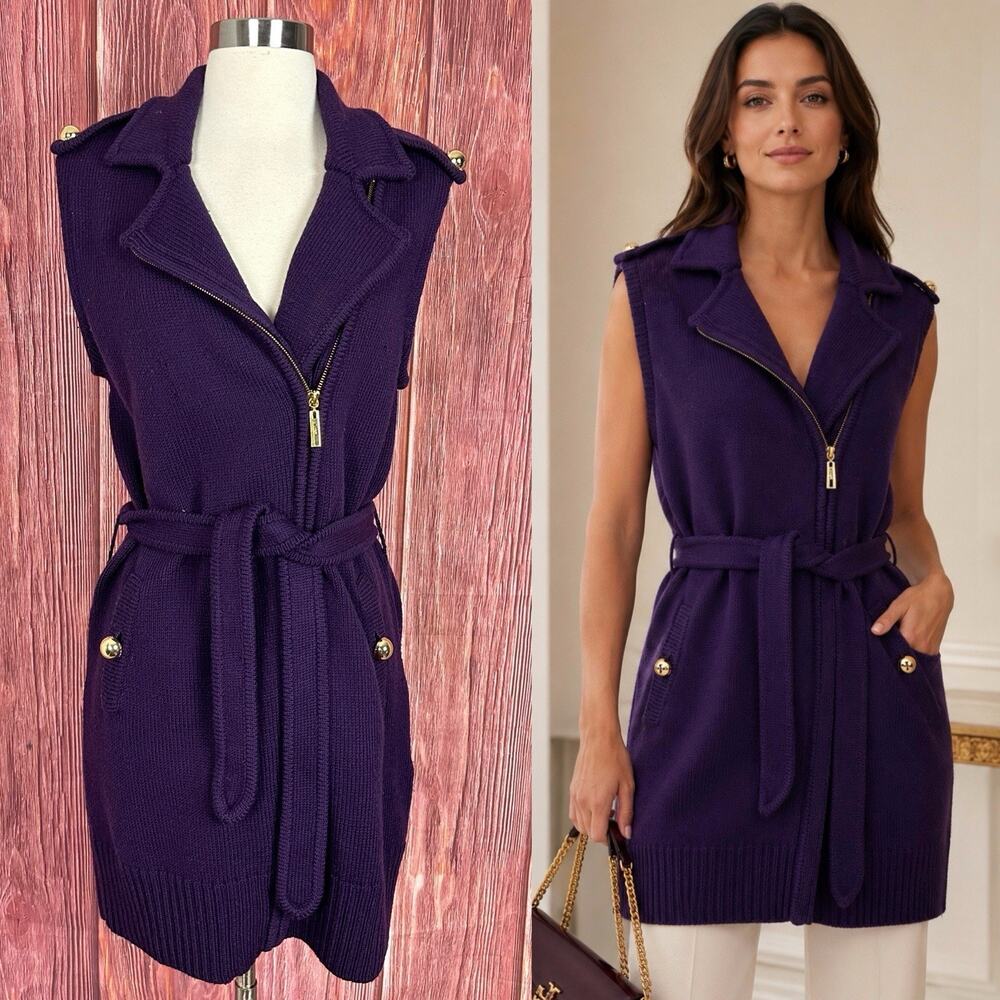 Tory Burch Purple Belted Zip Front Sweater Vest Cardigan Merino‎ Wool Size Small